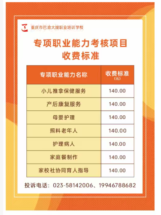 重庆市巴渝大嫂职业培训学校专项职业能力考核项目  收费标准